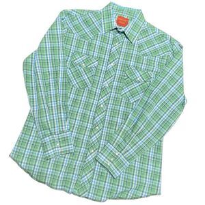 Vintage RUSTLER Green Blue L Plaid X-Long Tails L/S Pearl Snap Shirt POLY COTTON
